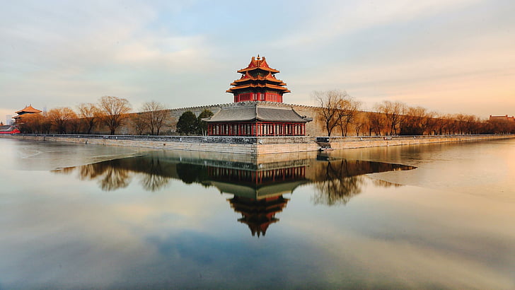 castle, palace museum, moat, turret of palace museum, forbidden city, HD wallpaper