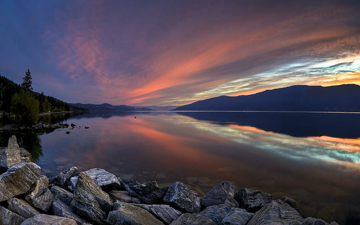 Okanagan Lake Sunset, reflection, twilight, mountains, nature, HD wallpaper