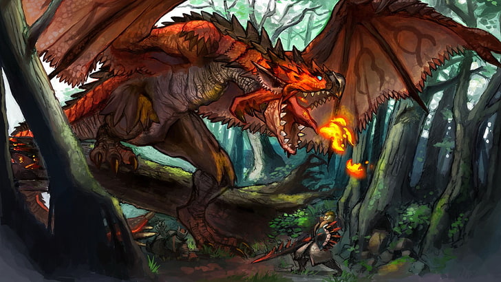 dragon painting, Monster Hunter, Rathalos, fantasy art, warrior, HD wallpaper
