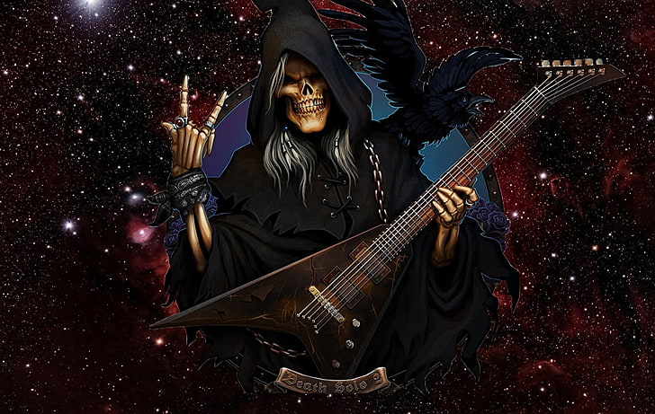 :D, skeleton, death, black, instrument, fantasy, guitar, dark, HD wallpaper