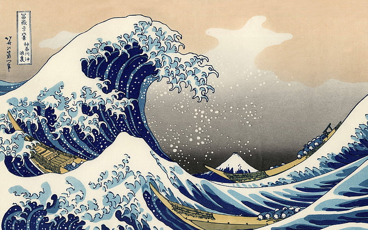 blue and white ocean illustration, Traditional Artwork, Wood block, HD wallpaper