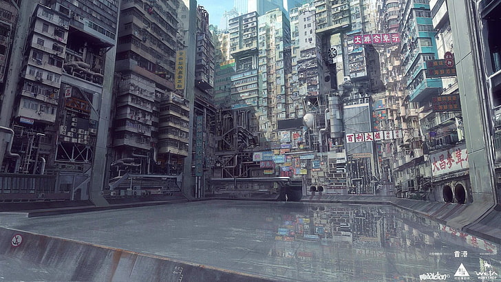 grey concrete city building wallpaper, Ghost in the Shell, water