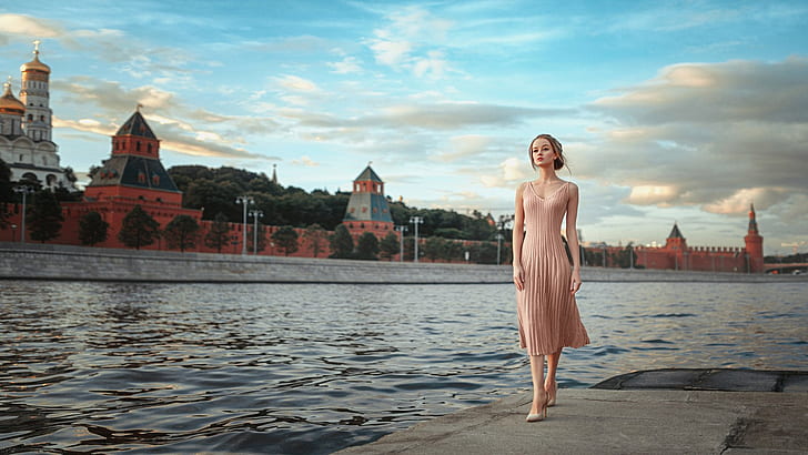 women, blonde, model, Maria Zhgenti, Moscow, river, photography, HD wallpaper