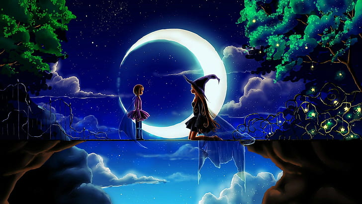 HD wallpaper: stars, anime girls, sky, fantasy art, night, Moon | Wallpaper  Flare