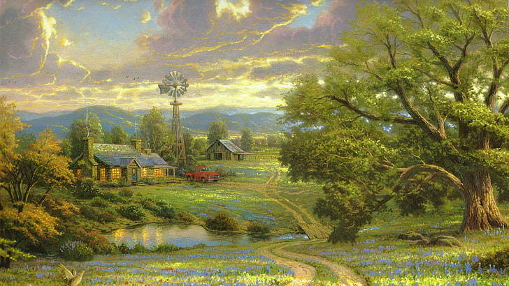 tree, farm house, village, farmhouse, countryside, sunlight, HD wallpaper