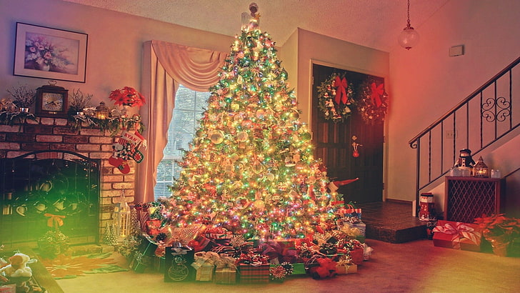 multicolored Christmas tree, lights, trees, interior, holiday