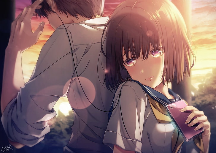 HD wallpaper: anime couple, cute, school uniform, music, short hair, school  romance | Wallpaper Flare