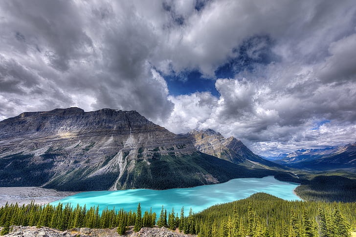 gray rocky mountain near lake and green forest, peyto lake, icefields parkway, canada, peyto lake, icefields parkway, canada