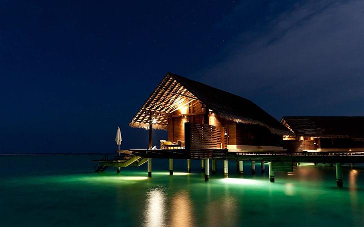 brown floating house, maldives, tropical, bungalows, night, sea