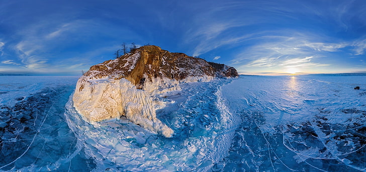 beige and brown mountain surrounded by water under blue sky, Lake Baikal