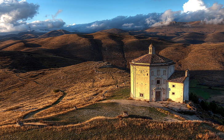 landscape, church, Italy, Abruzzo, hills, old building
