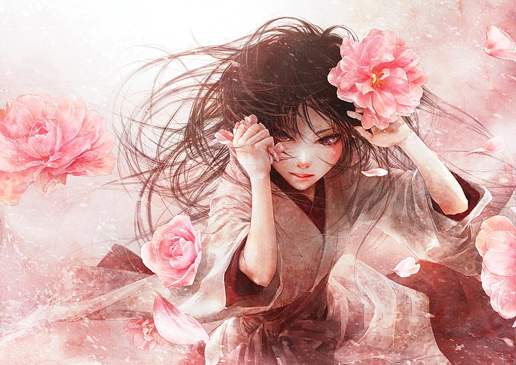 HD wallpaper: anime girl, semi realistic, pink rose, wind, flower,  flowering plant | Wallpaper Flare
