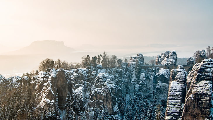snow-capped mountain, nature, rock, bridge, landscape, winter