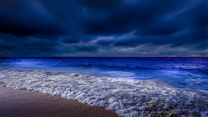beach, twilight, darkness, night, evening, coast, dusk, cloudy, HD wallpaper