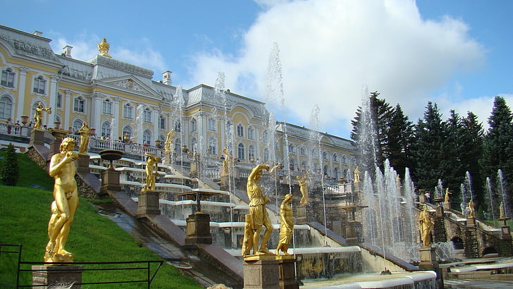 assorted golden statues, Russia, St. Petersburg, fountain, architecture