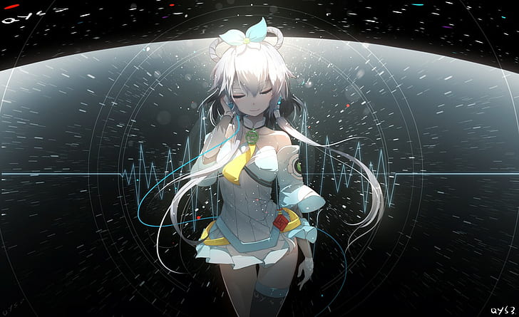 Luo Tianyi, Vocaloid China, white hair, white dress, waveforms