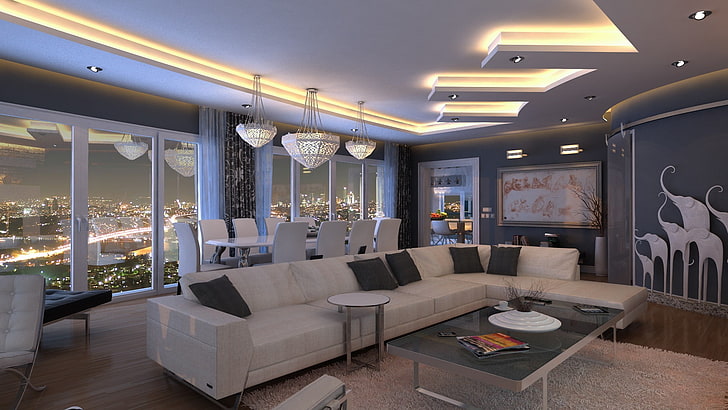 white sectional couch, living rooms, cityscape, interior, interior design