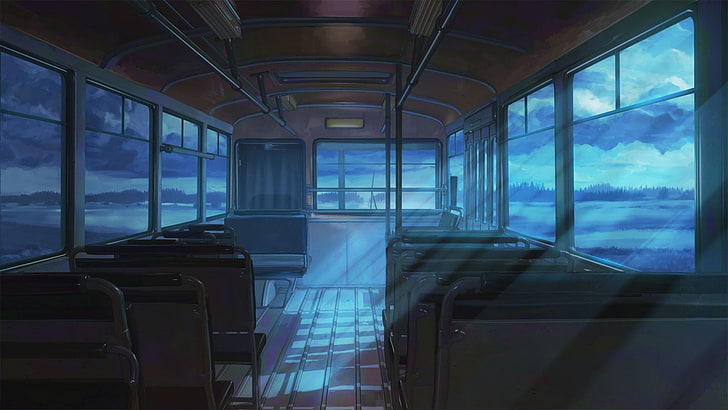 inside of bus painting, night, clouds, Everlasting Summer, ArseniXC