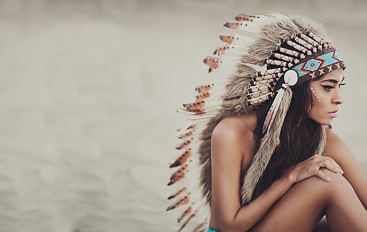 women's white and brown native American headdress, girl, face, HD wallpaper