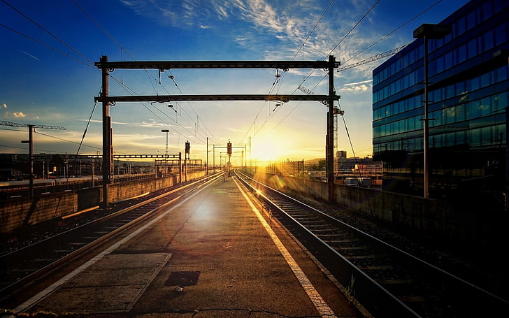 railway, sun rays, sky, rail transportation, sunset, railroad track, HD wallpaper