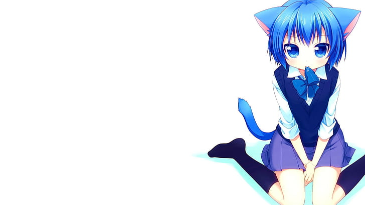 anime, anime girls, cat girl, nekomimi, short hair, blue hair, HD wallpaper