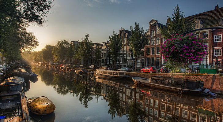 street, boats, hdr, channel, Amsterdam, multi monitors, Netherlands, HD wallpaper