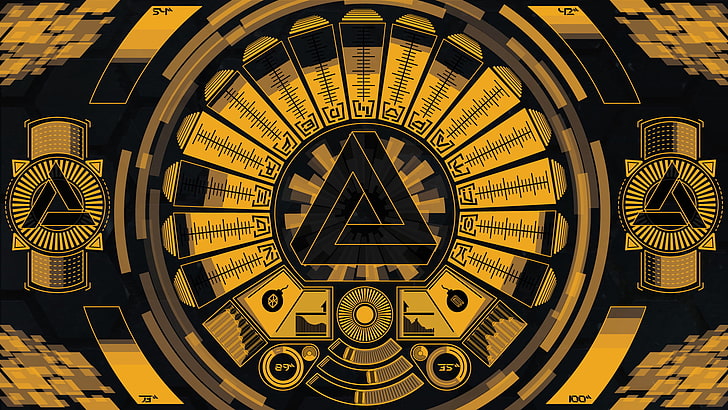 yellow and black logo wallpaper, geometry, Abstergo Industries