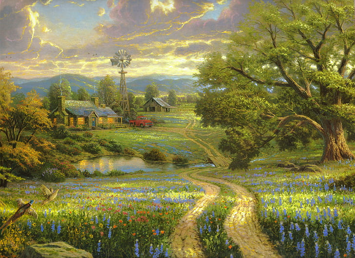field, machine, flowers, mountains, birds, nature, lake, house, HD wallpaper