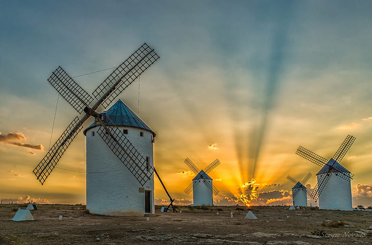 four white concrete windmills at during sunset, Amanecer, entre, HD wallpaper