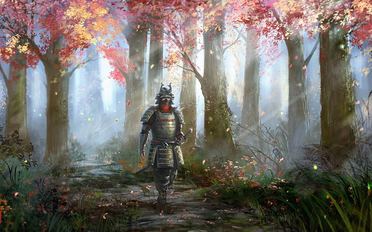 warrior knight walking on the green jungle painting, artwork