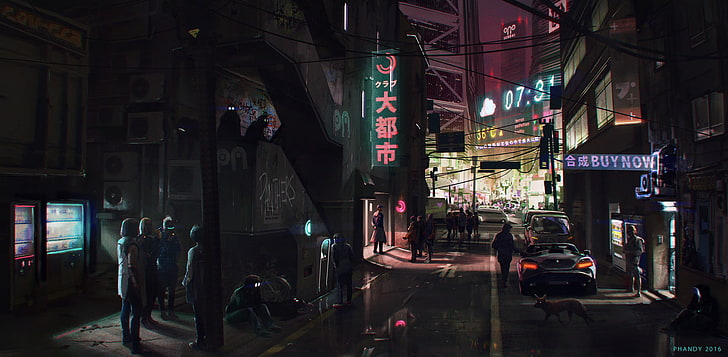 game scene wallpaper, cyberpunk, cityscape, drawn, water, oriental
