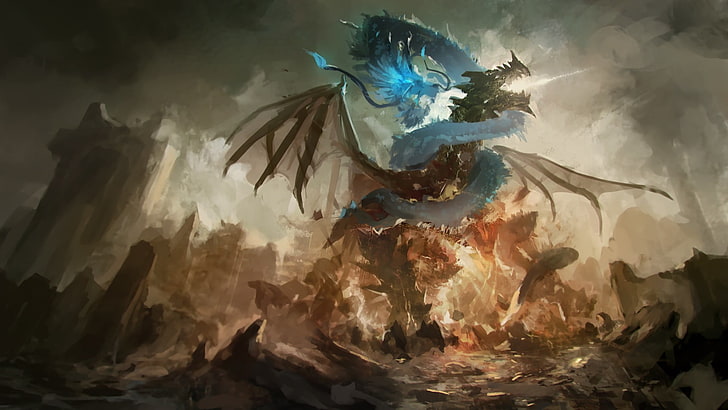 blue and brown dragons painting, fantasy art, water, nature, no people, HD wallpaper