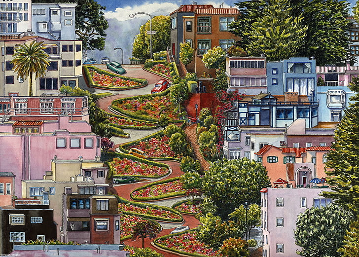 lombard street, san francisco, california, art, HD wallpaper