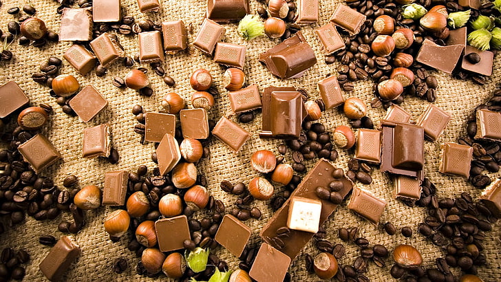 brown coffee beans, food, chocolate, dessert, nuts, large group of objects