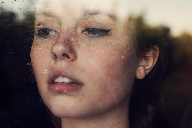 women, Ruby James, looking out window, freckles, nose rings, HD wallpaper
