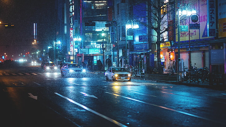 white car, street, city, Japan, illuminated, night, architecture, HD wallpaper