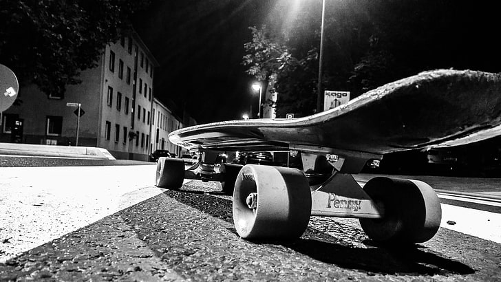 Penny, skateboard, monochrome, street, night, urban, transportation