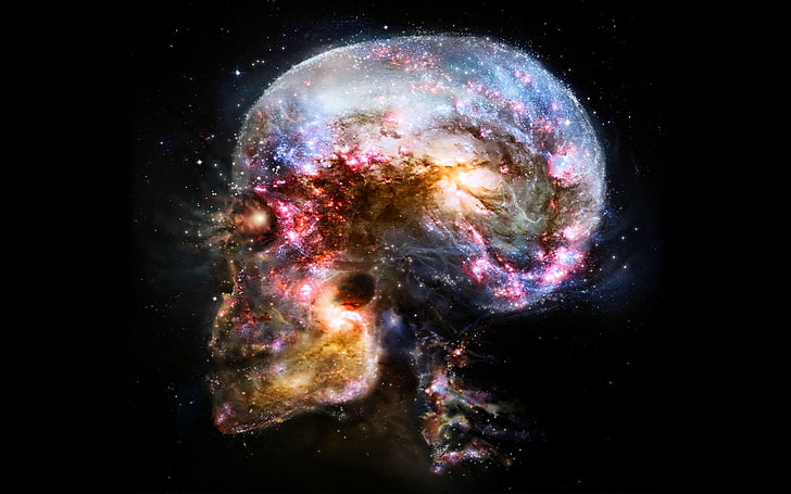 skull illustration, space, universe, abstract, brain, science, HD wallpaper