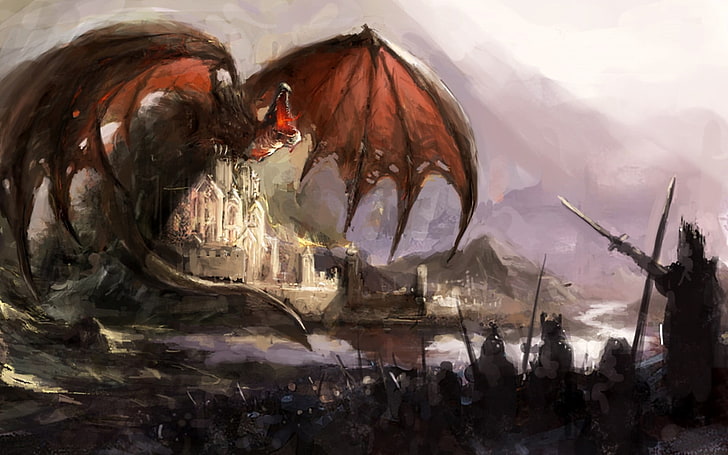 dragon illustration, castle, religion, spirituality, group of people, HD wallpaper