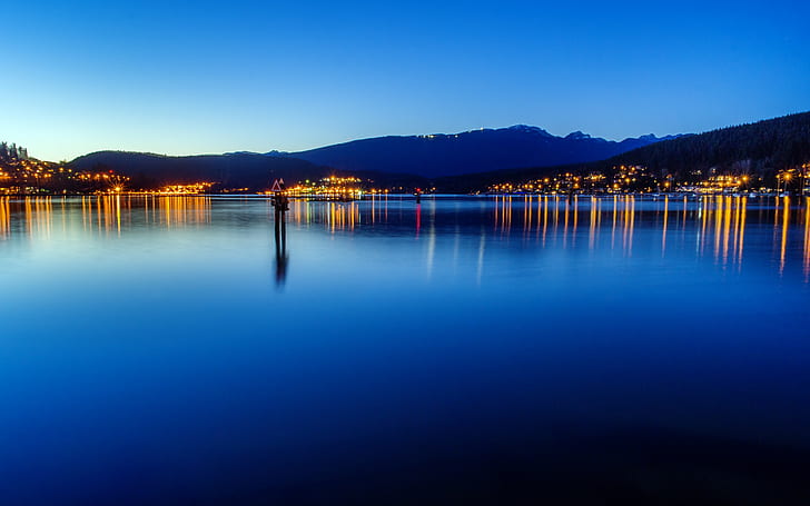 landscape, nature, evening, clear sky, calm, lake, lights, town, HD wallpaper