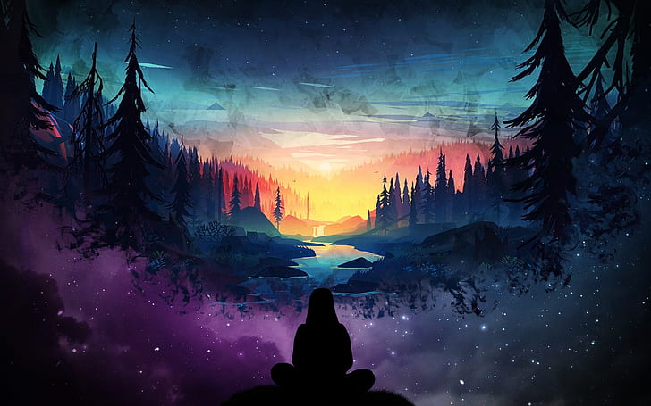 river, girl, silhouette, forest, scenic, stars, two dimensions