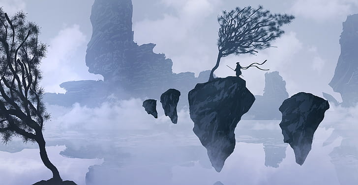 floating, rock, mist, fantasy art, samurai, mountains, silhouette
