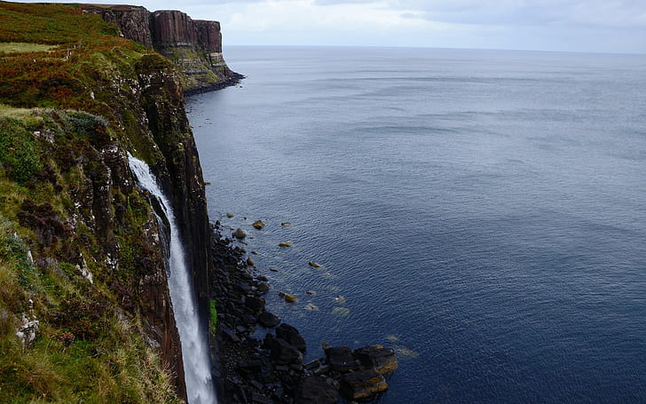 landscape, Kilt Rock, Scotland, cliff, waterfall, sea, coast, HD wallpaper