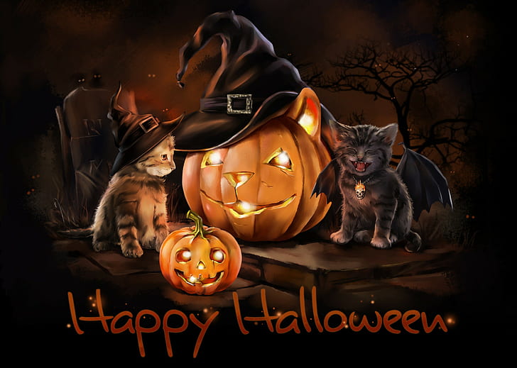 Halloween, kittens, art, hat, wings, pumpkin, night, holiday
