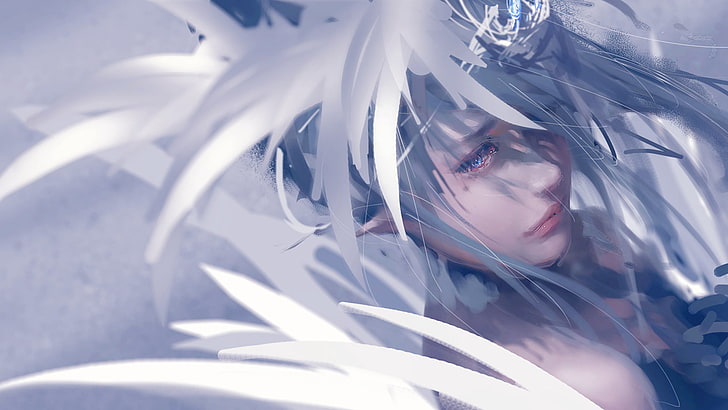 women's white top, WLOP, feathers, blue eyes, crown, one person, HD wallpaper