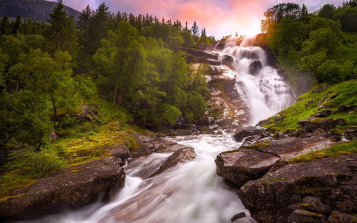 Norway, waterfall, river, trees, sunset, grass covered mountain with rocky falls photo, HD wallpaper