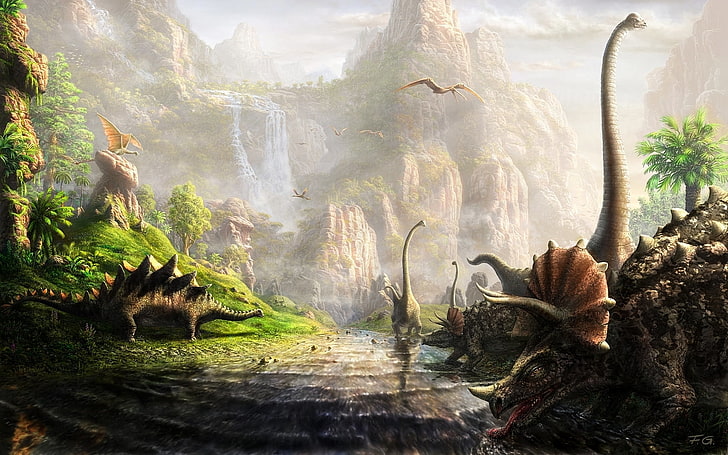Dinosaur illustration, dinosaurs, a lot, Fel-X, the land of dinosaurs, HD wallpaper