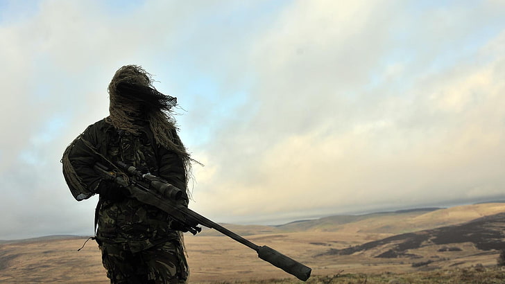 Ghillie Suit, military, Snipers, soldier, sky, armed forces, HD wallpaper