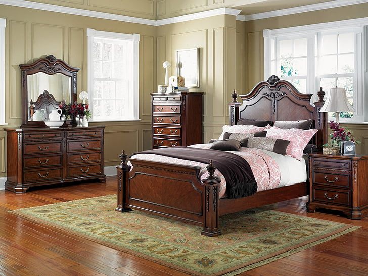 brown wooden 4-piece bedroom furniture set, interior, style, design, HD wallpaper