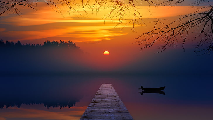brown wooden dock, sunset, colorful, lake, mist, ports, Johannes Plenio